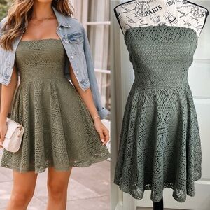 Express Strapless Crochet Skater Fit & Flare Dress Sage Green Sz S